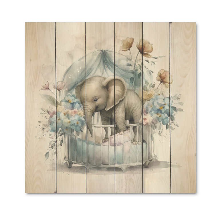 Zoomie Kids Baby Elephant In Crib With Flowers II On Wood Print